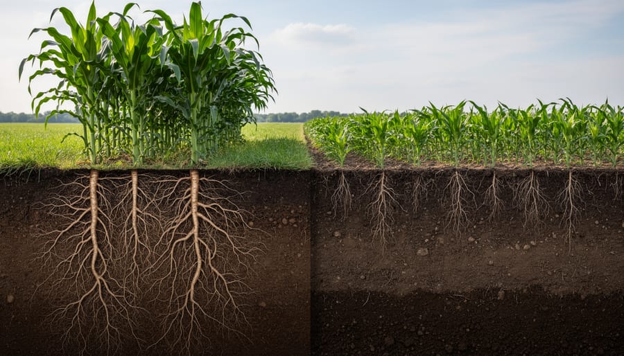 Cross-section view of deep perennial grass root system extending through multiple soil layers