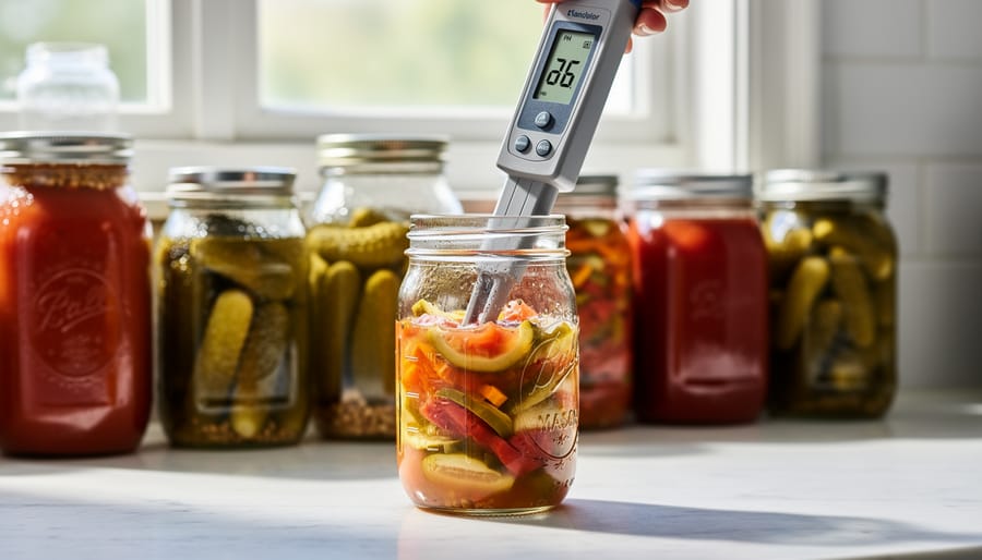 Digital pH meter probe in buffer solution with preserved food jars in background
