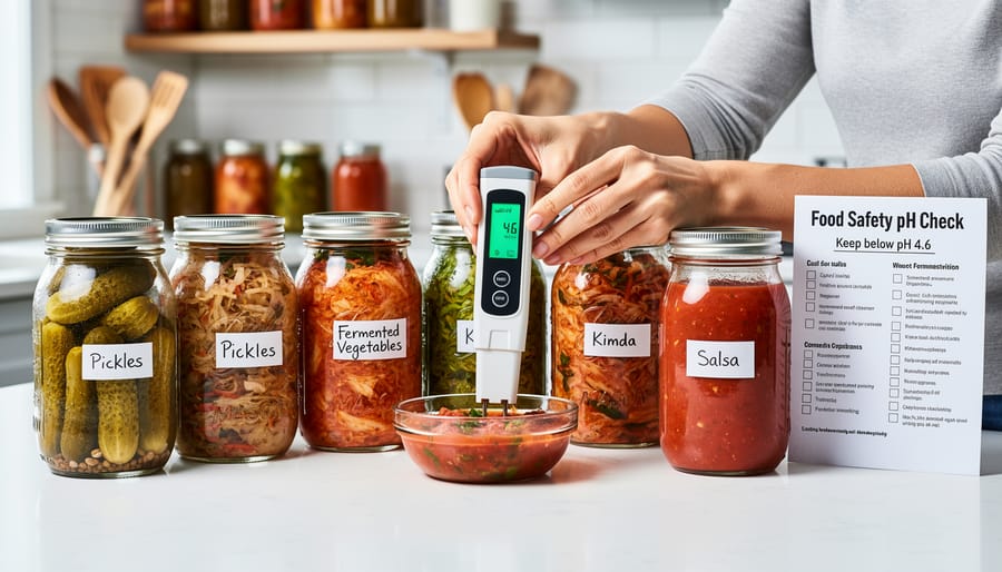 Assortment of home-preserved foods in mason jars with pH meter on wooden table