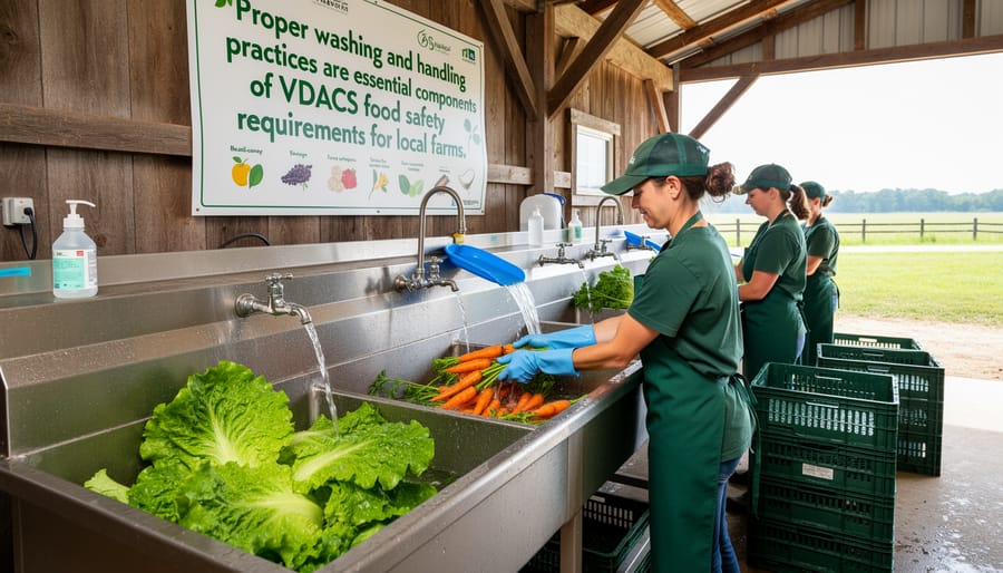 Farmer washing fresh vegetables in commercial sink following food safety protocols