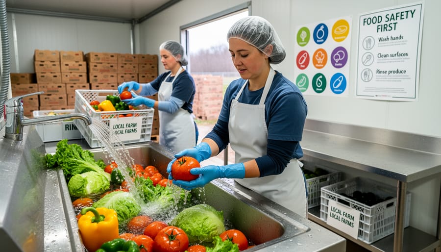 Farmer washing fresh produce under running water in commercial sink
