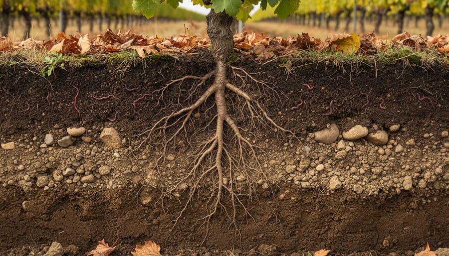 Cross-section of healthy farm soil showing layers, organic matter, and plant roots