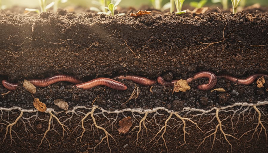Close-up cross-section of healthy organic soil showing earthworms and root systems