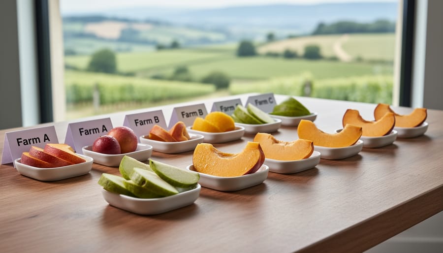 Overhead view of tomato tasting arrangement showing samples from multiple farms