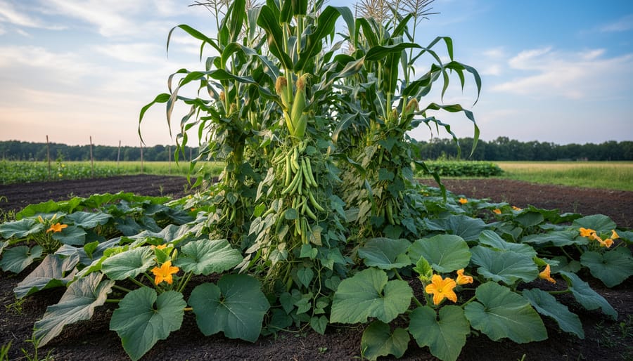 Three Sisters planting showing corn stalks with climbing beans and squash plants at base
