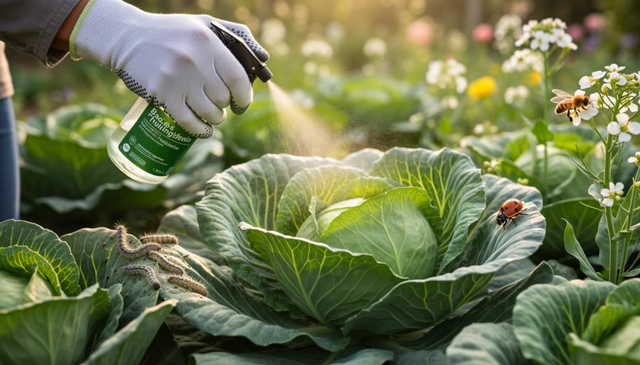 Close-up of biological pesticide application on cabbage leaf with caterpillar pest