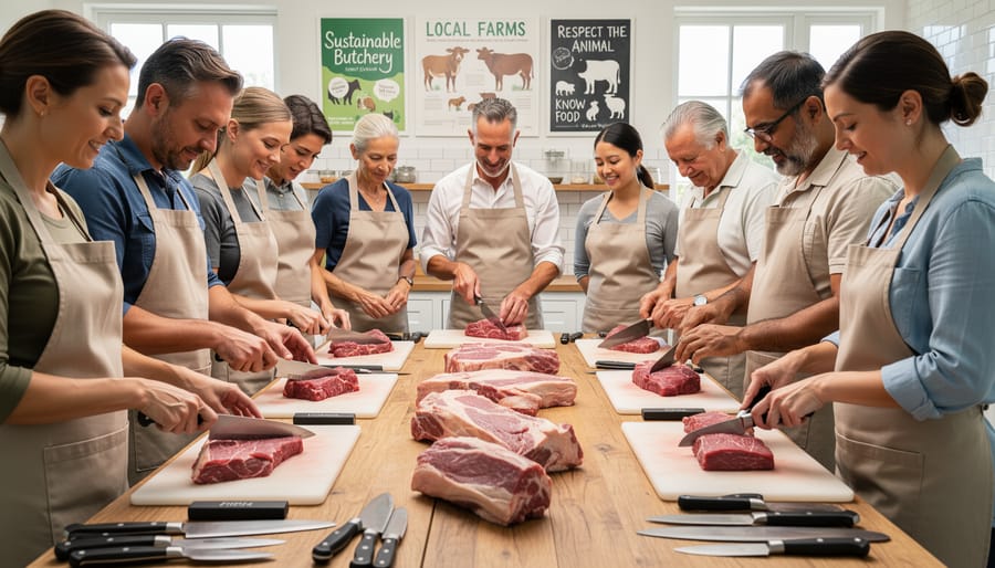 Workshop participants learning butchery techniques from instructor at farm classroom table