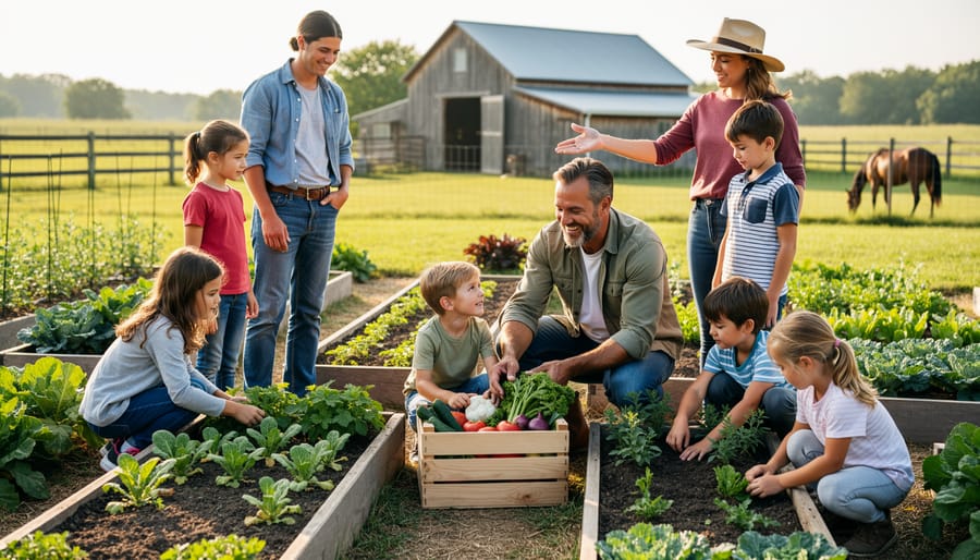 Young child and farmer walking together through vegetable rows on organic farm