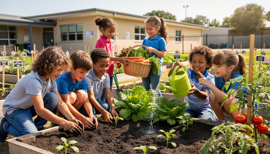 Diverse group of preschool children planting seedlings together in a garden bed