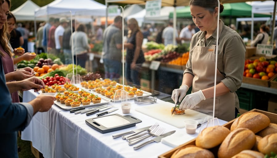Gloved hands preparing fruit samples with proper food safety equipment at farmers market