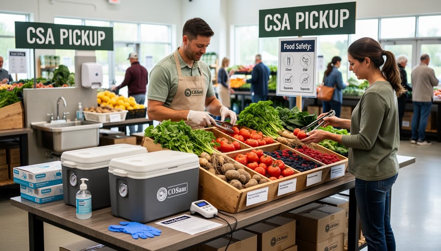 CSA farmers market booth displaying fresh produce with visible handwashing station and food safety equipment