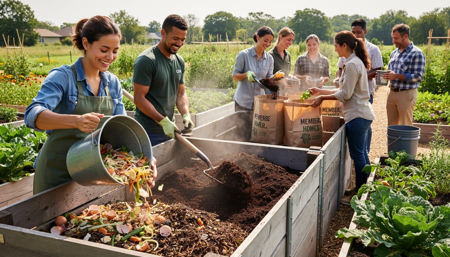 Hands holding dark compost soil above bin of vegetable food scraps at CSA farm