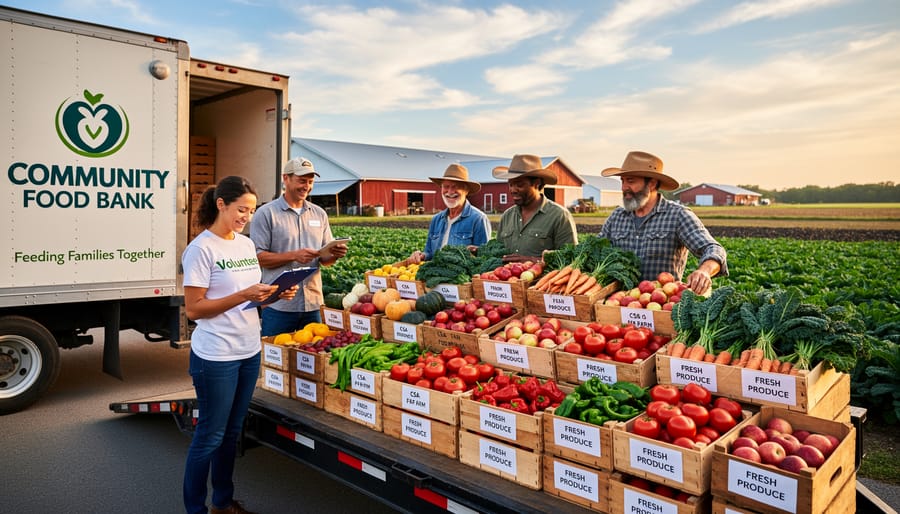 Fresh organic vegetables in wooden crates at food bank distribution center
