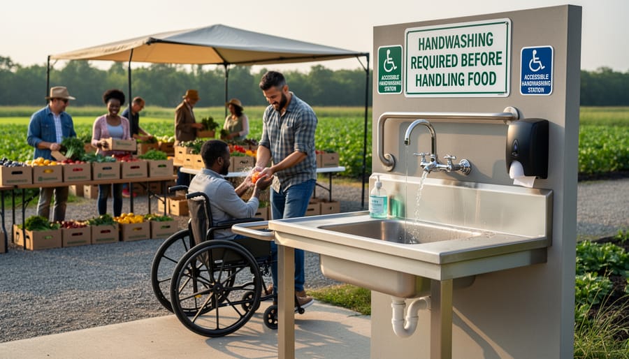 Farmer demonstrating proper handwashing at portable outdoor sink station with soap and towels