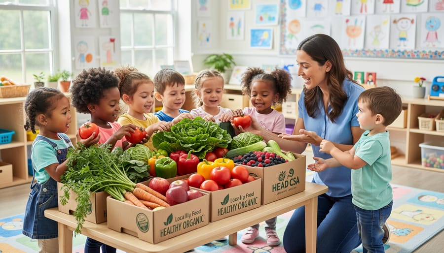 Wooden crate of fresh organic vegetables including carrots and peppers on classroom table