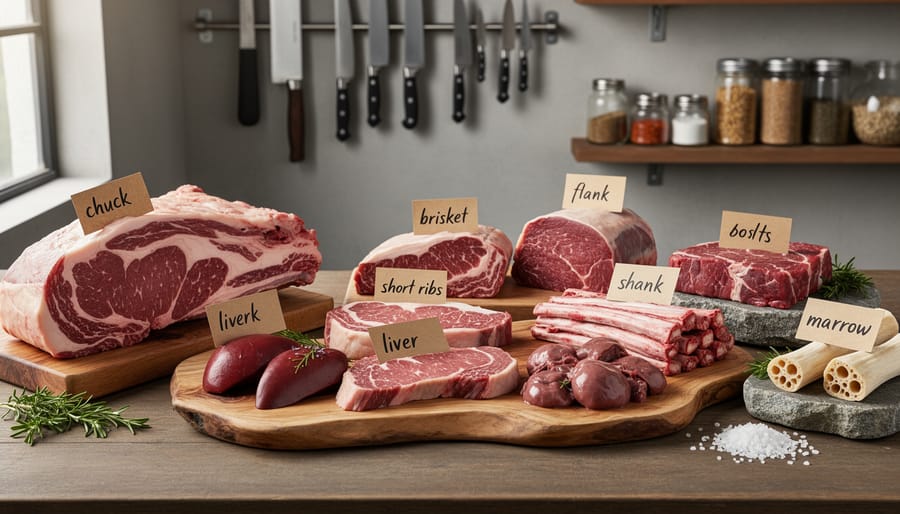 Assortment of various meat cuts arranged on wooden cutting board with fresh herbs
