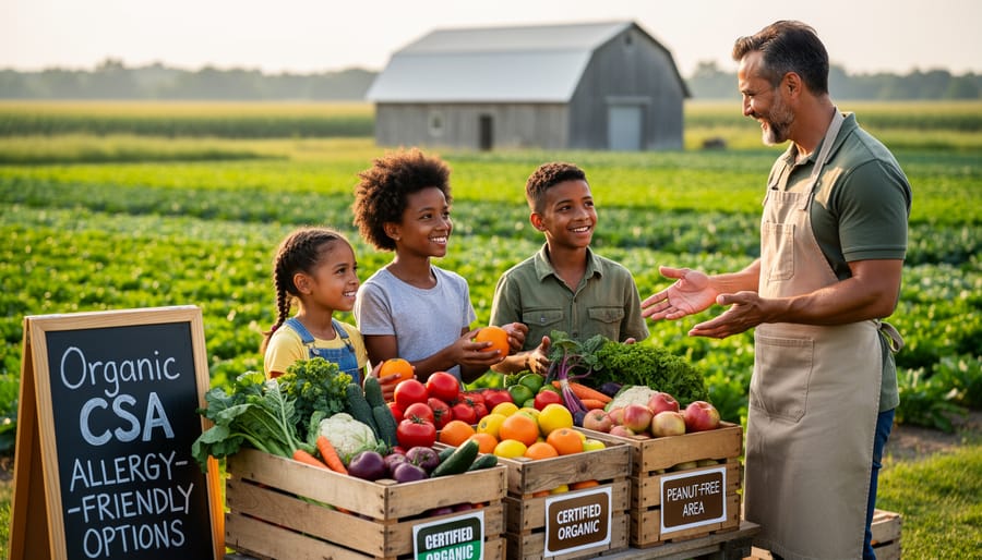 Family shopping for organic produce at local farmers market CSA stand