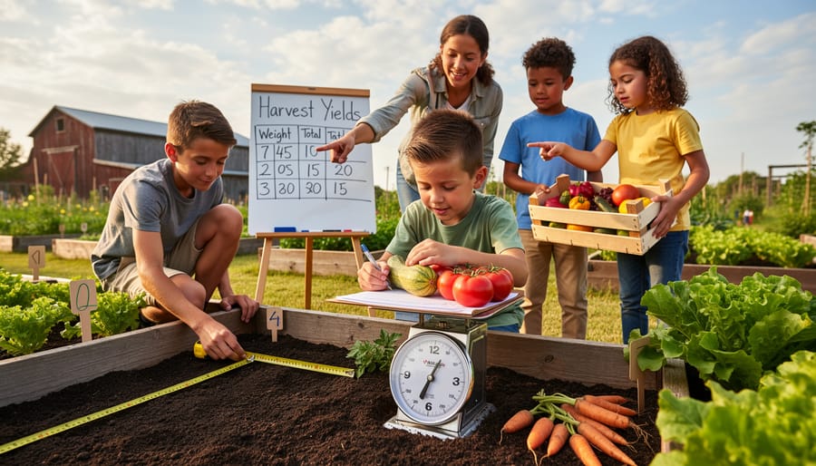 Child's hands weighing fresh carrots on scale during farm learning activity