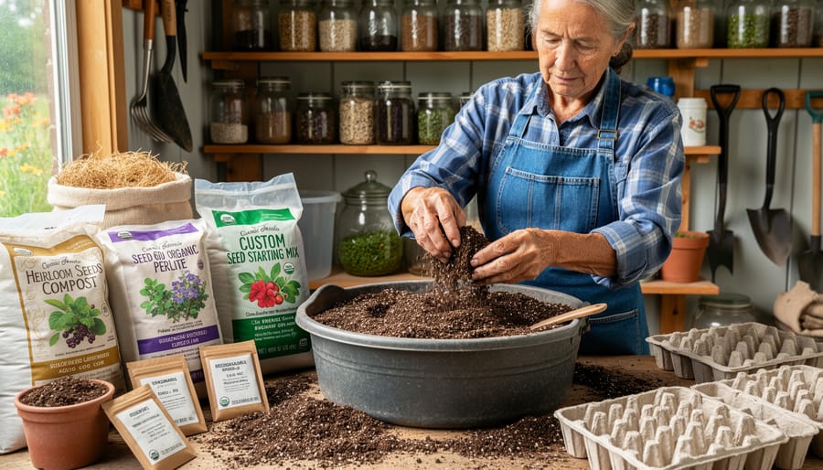 Farmer mixing homemade organic seed starting mix ingredients in bowl at outdoor potting station