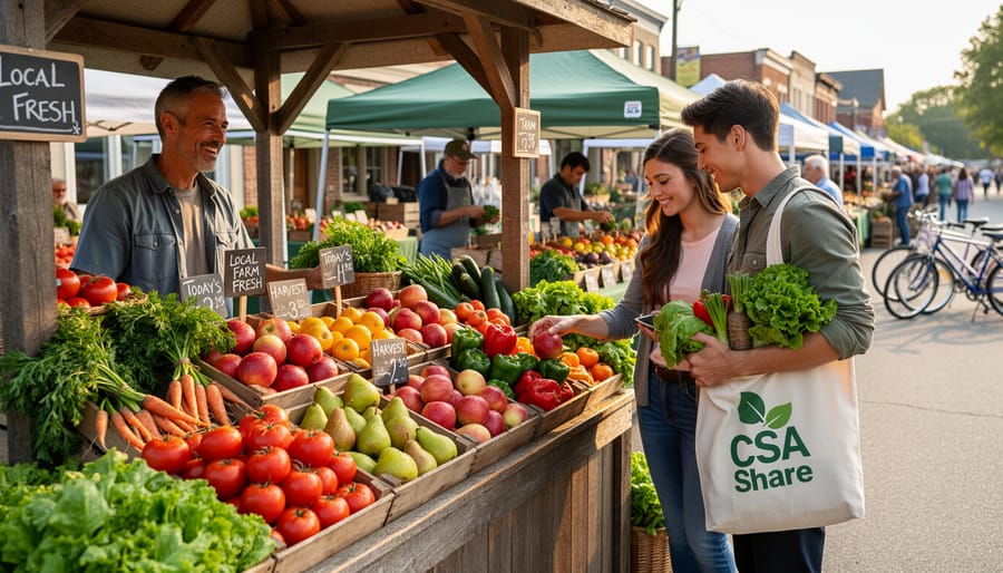 Farmer and customer exchanging fresh vegetables at farmers market