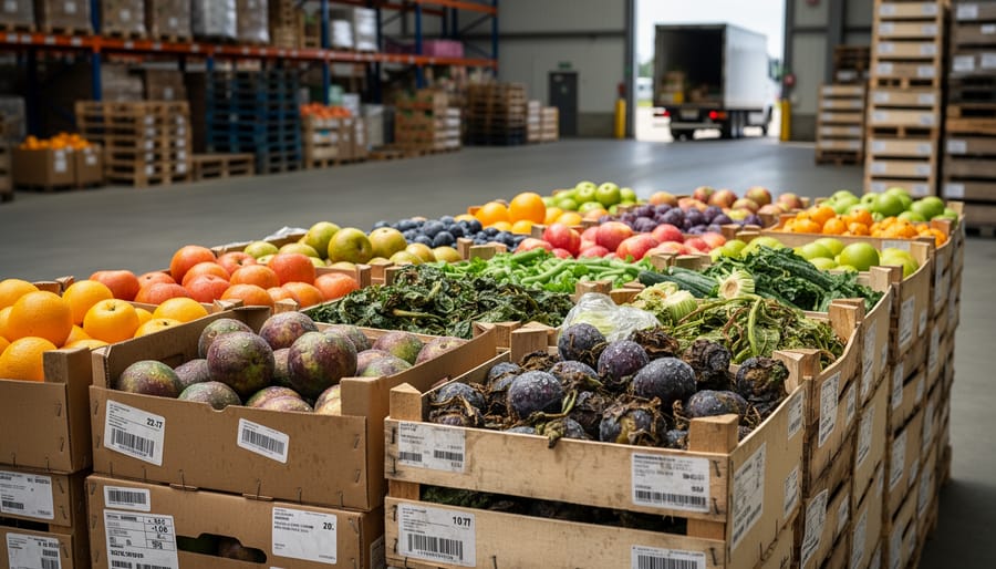Wilted and deteriorating produce in wooden crates on loading dock