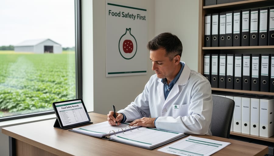 Farmer documenting food safety procedures in logbook at farm packing station
