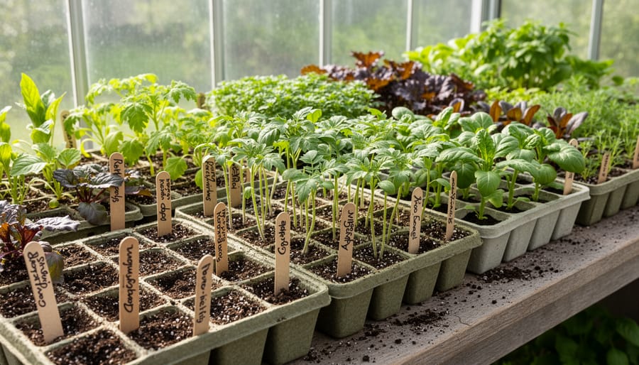 Overhead view of multiple seed trays with young heirloom seedlings growing in organic starting mix