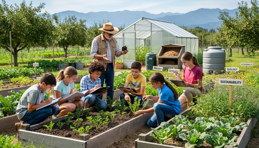 Group of homeschool children planting seedlings with farmer in garden soil at CSA farm