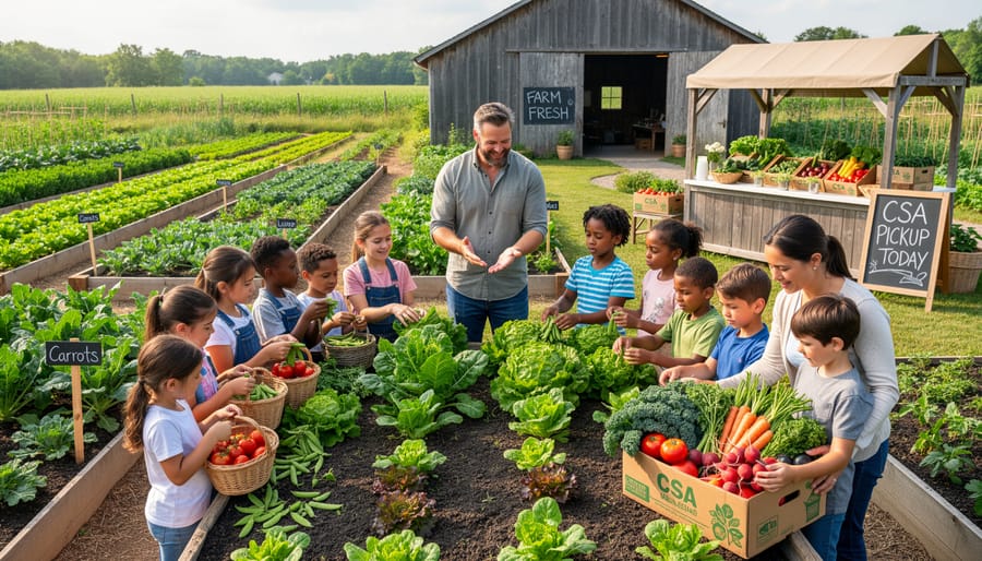 Homeschool family walking through vegetable rows at Community Supported Agriculture farm