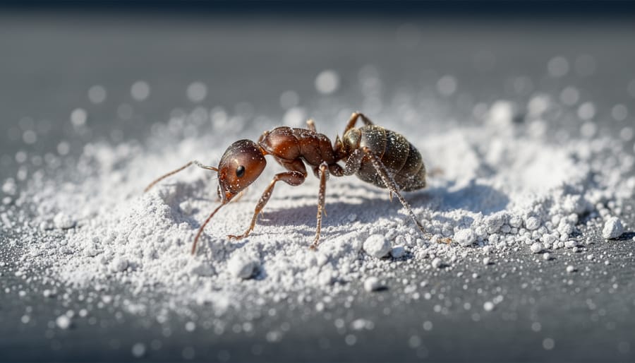 Macro view of diatomaceous earth mineral pesticide on soil with insect pests
