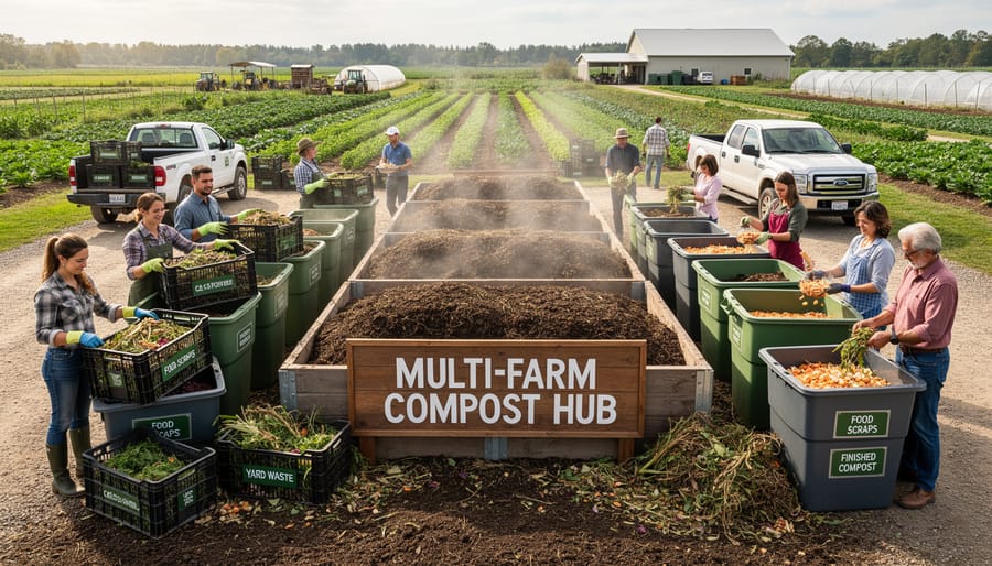 Farmers and community members working together at shared CSA composting facility