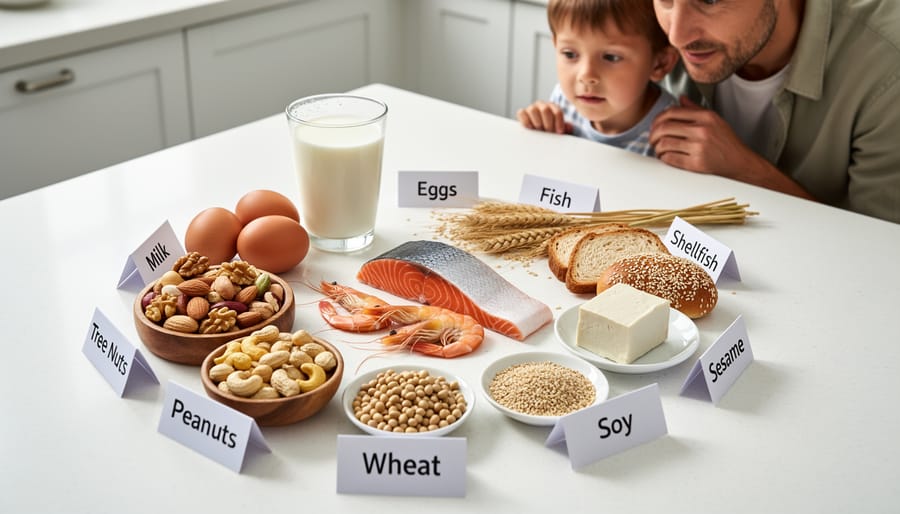 Overhead view of nine bowls containing common allergenic foods including milk, eggs, nuts, fish, wheat, soy, sesame, and corn