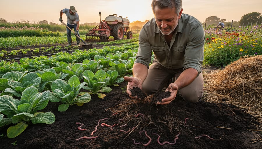 Farmer holding basket of fresh organic vegetables in farm field during golden hour