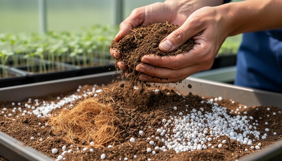 Close-up of hands holding organic seed starting mix showing texture and ingredients