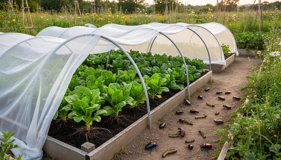Row covers protecting vegetable garden beds as physical pest barrier
