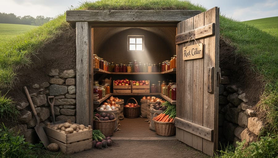 Interior of root cellar with shelves of stored vegetables and fruits