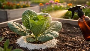 Close-up of a cabbage-family plant with a parasitic wasp attacking a cabbage worm on the leaf, fine mist from an amber spray bottle, and a white ring of diatomaceous earth at the plant base in warm evening light, with blurred raised beds and flowers in the background.