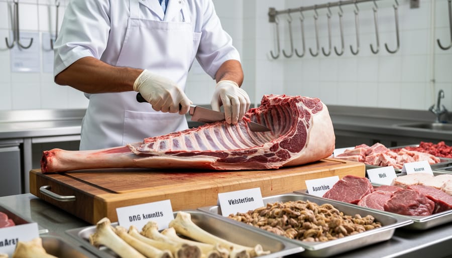 Butcher's hands skillfully breaking down beef on wooden butcher block in farm setting