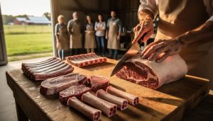 Butcher’s hands demonstrating knife technique on a pork shoulder atop a wooden block, with neatly arranged cuts and marrow bones, while participants in aprons watch in a rustic barn lit by warm natural light and pasture visible through open doors