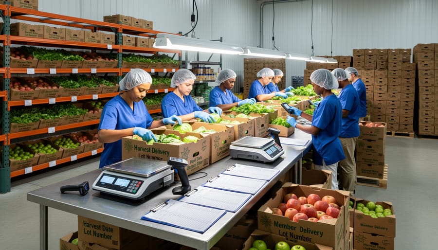 Farm worker packing fresh mixed greens into reusable CSA crates on a packing table.