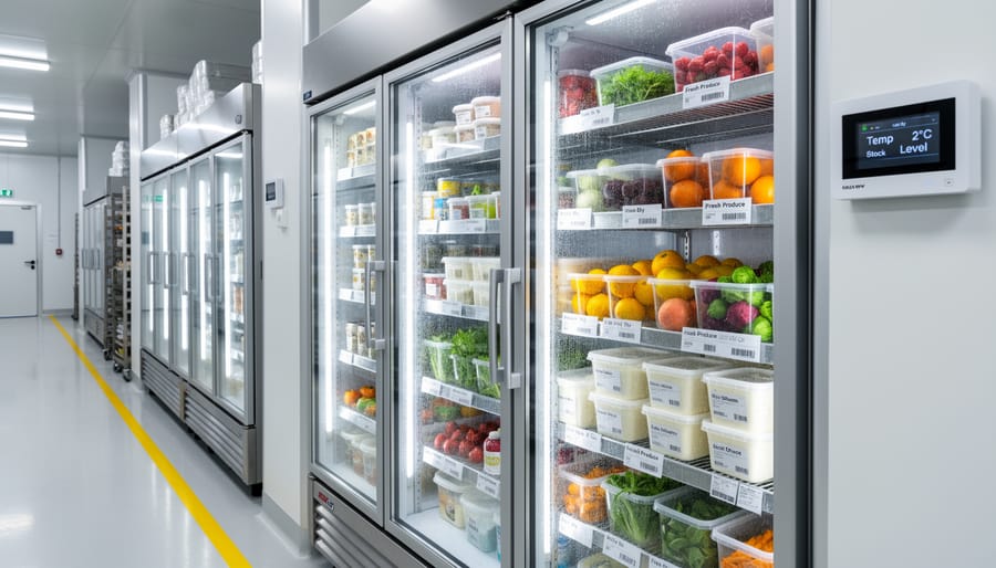 Refrigerated storage room with clean shelves and bins for CSA produce inventory.