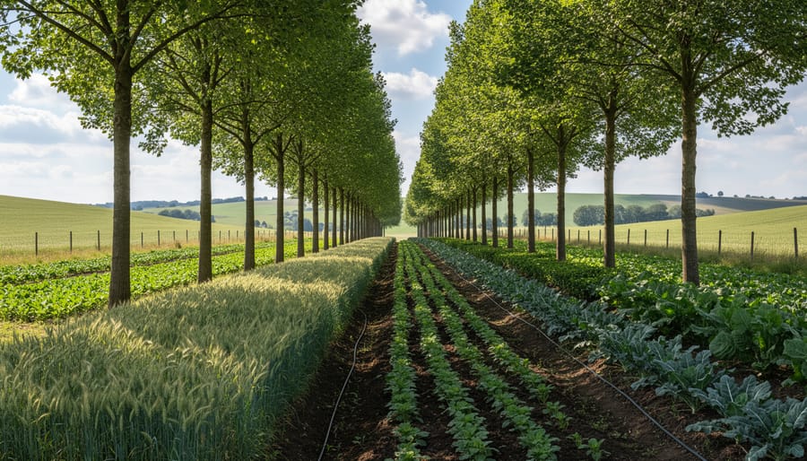 Agroforestry alley cropping with fruit trees and crops growing together in rows