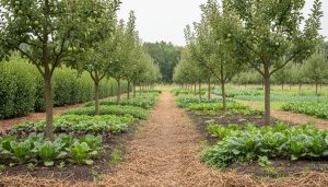 Agroforestry farm with young fruit and nut trees growing alongside vegetable beds and nitrogen-fixing shrubs in mulched, soil-protecting ground cover.