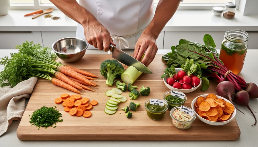 Chefs’ hands preparing whole vegetables with leafy tops and roots for a root-to-stem style dish