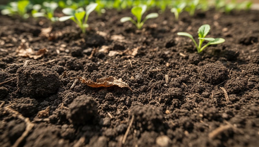 Close-up of hands holding dark, crumbly soil with visible organic matter.