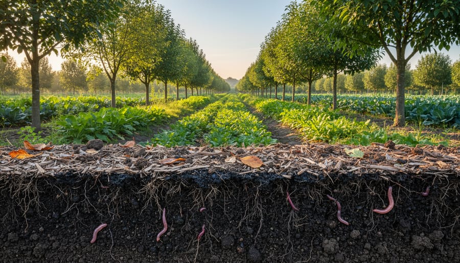 Close-up of healthy dark soil with organic matter and fine roots near a young agroforestry tree