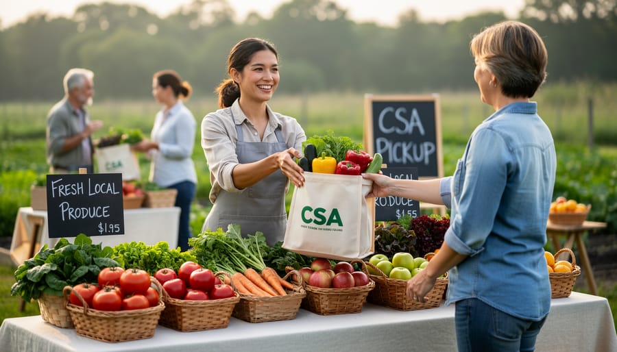 CSA member handing a produce bag to a neighbor at an outdoor pickup table.