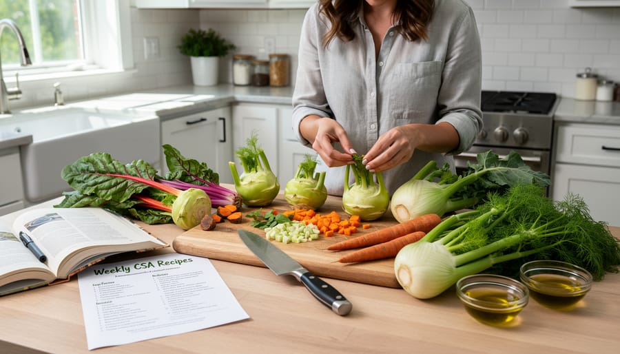 CSA member in a farm kitchen inspecting seasonal vegetables like kale and kohlrabi before cooking.