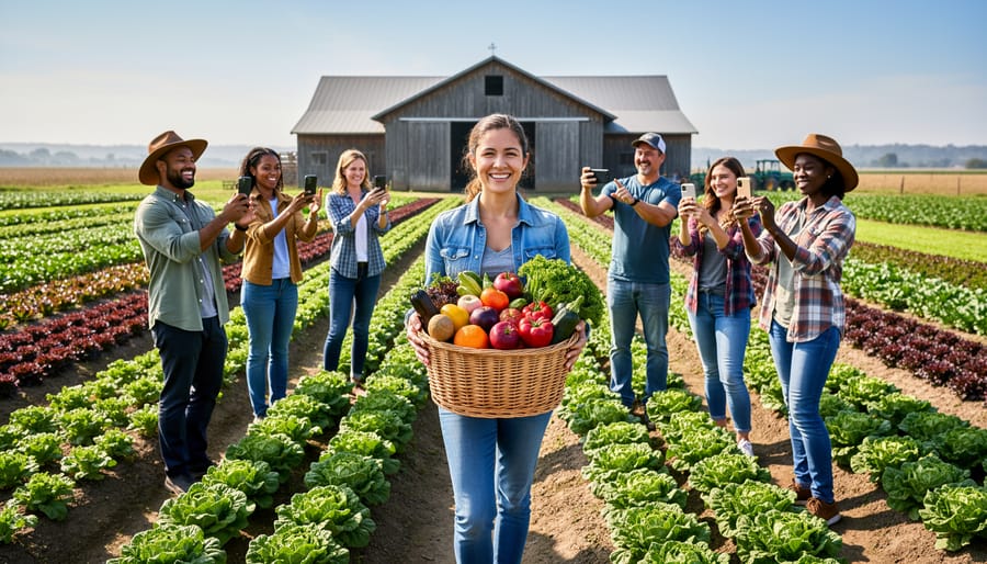CSA members holding a basket of vegetables while pointing toward a farm field during golden hour.