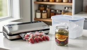 “Vacuum sealer and storage containers on a kitchen counter with strawberries in a sealed pouch and dried fruit in jars, illustrating eco-conscious food preservation at home.”